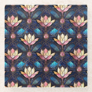 Dessous-de-verre En Verre Motif de faux vitrail élégant de lotus rose