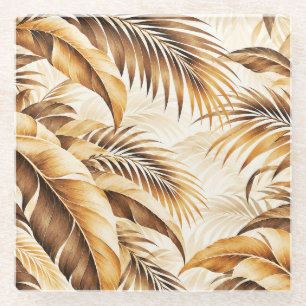 Dessous-de-verre En Verre Motif de feuillage de palmier tropical beige sépia
