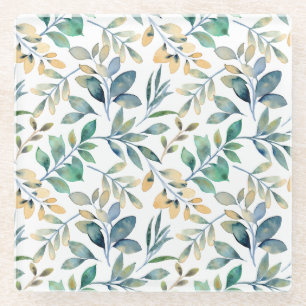 Dessous-de-verre En Verre Motif de feuille verte et jaune à l'aquarelle fraî