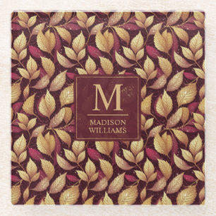 Dessous-de-verre En Verre Motif de feuilles d'automne pailleté or marron rou