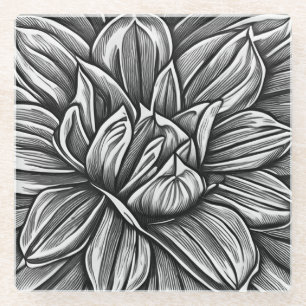 Dessous-de-verre En Verre Motif de fleur de pivoine géante en noir et blanc