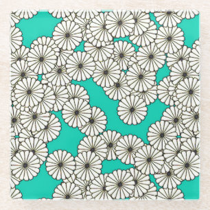 Dessous-de-verre En Verre Motif de fleurs Art déco - blanc sur turquoise