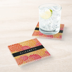 Dessous-de-verre En Verre Motif De Fleurs, Orange Dahlia, Votre Nom