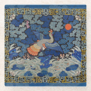 Dessous-de-verre En Verre Motif de grue chinoise vintage : bleu impérial