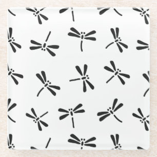 Dessous-de-verre En Verre Motif de libellules japonais, noir et blanc
