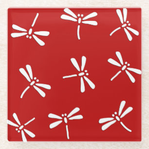 Dessous-de-verre En Verre Motif de libellules japonais, rouge profond et bla