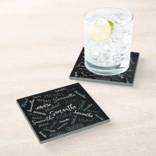 Dessous-de-verre En Verre Motif de monogramme de couple à deux noms noir gri