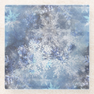 Dessous-de-verre En Verre Motif de Noël bleu texturé de glace et de neige