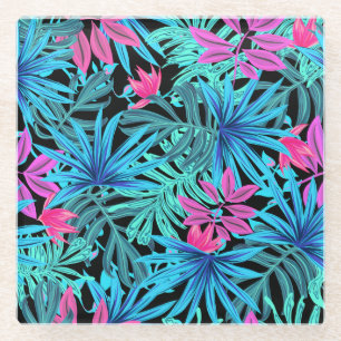 Dessous-de-verre En Verre Motif de plante tropicale rose et bleu néon