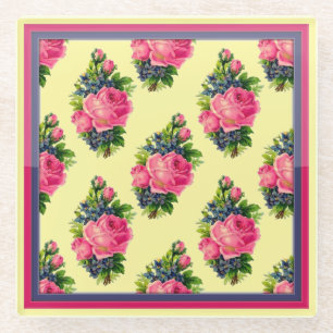 Dessous-de-verre En Verre Motif de rose rose bleu et jaune de beurre vintage