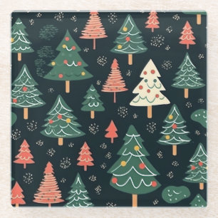 Dessous-de-verre En Verre Motif de sapin de Noël vert et corail festif