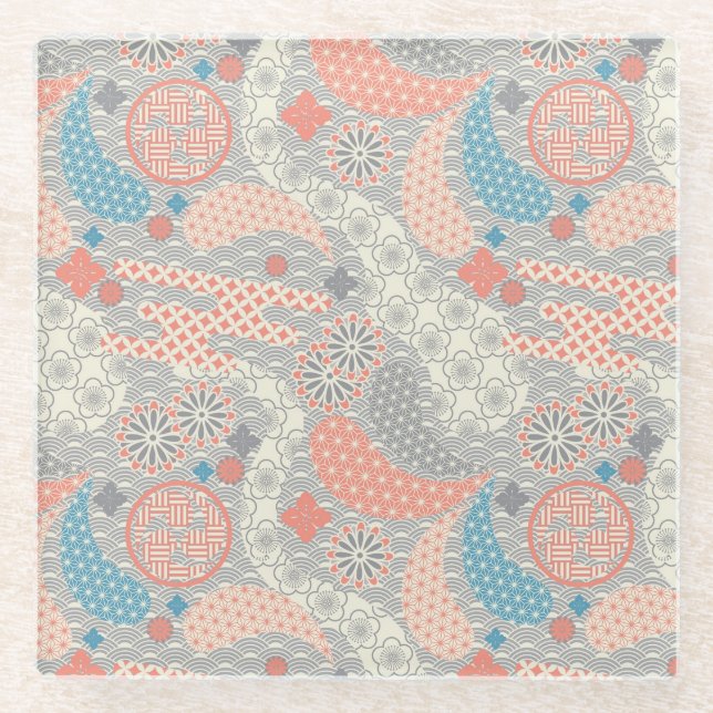 Dessous-de-verre En Verre motif de style japonais. Illustration. (Devant)