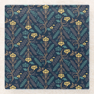 Dessous-de-verre En Verre Motif de tissu bleu foncé élégant avec des fleurs