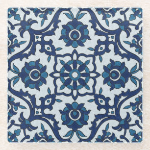 Dessous-de-verre En Verre Motif de tuiles florales Azulejos bleu-portugais