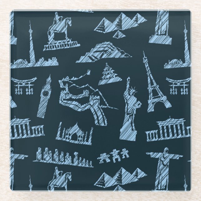 Dessous-de-verre En Verre Motif de voyage dans le motif de bleus (Devant)