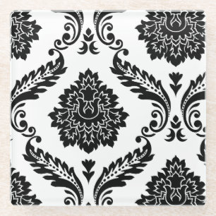 Dessous-de-verre En Verre Motif décalé damassé Rococo noir sur blanc
