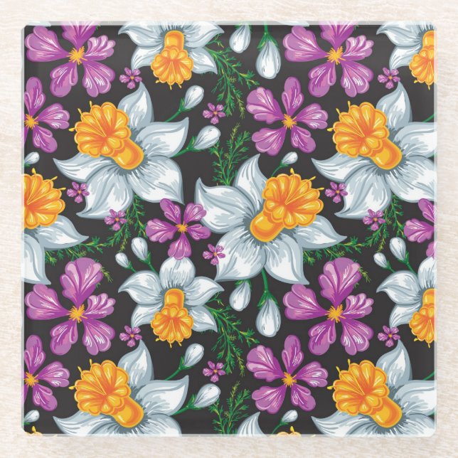 Dessous-de-verre En Verre Motif d'élégance avec les fleurs 2 de narcisse (Devant)