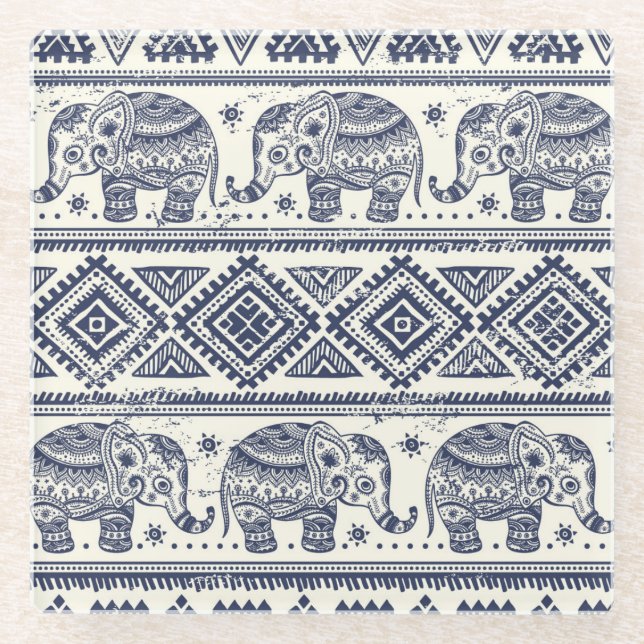 Dessous-de-verre En Verre Motif d'éléphant ethnique bleu (Devant)