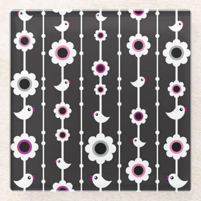 Dessous-de-verre En Verre motif d'oiseau et de fleurs (Devant)