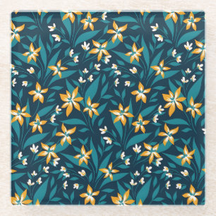 Dessous-de-verre En Verre Motif élégant de fleurs jaunes sur feuilles vert f