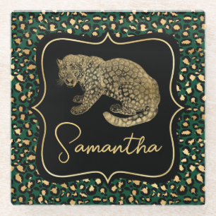 Dessous-de-verre En Verre Motif élégant de léopard vert et or et de taches