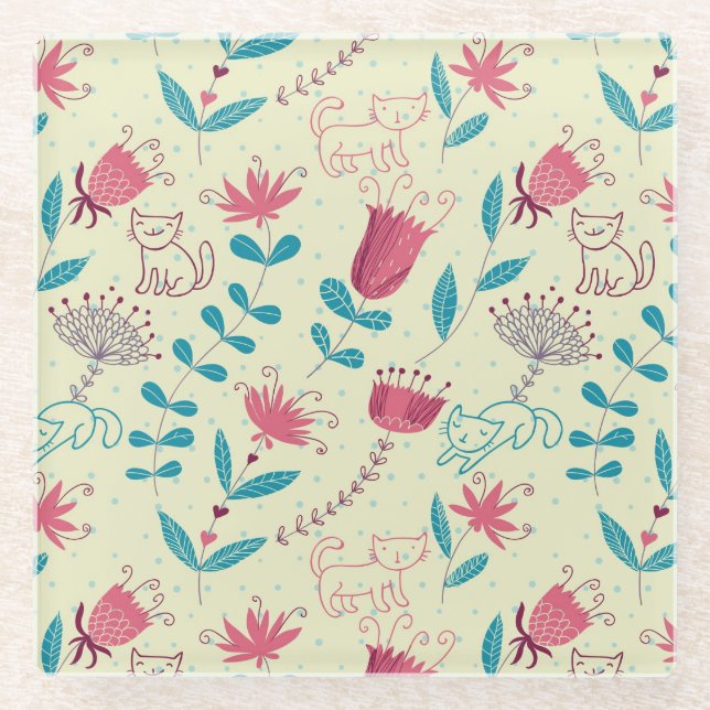 Dessous-de-verre En Verre Motif floral avec des chats de bande dessinée (Devant)