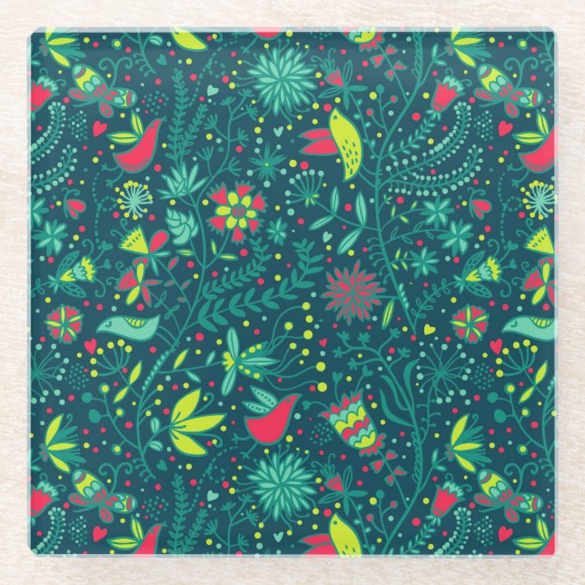 Dessous-de-verre En Verre Motif floral avec des oiseaux de bande dessinée (Devant)