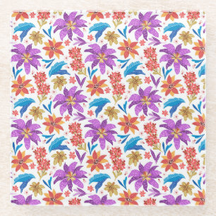 Dessous-de-verre En Verre Motif floral exotique coloré dessiné à la main-707