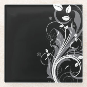Dessous-de-verre En Verre Motif floral gris sur le noir