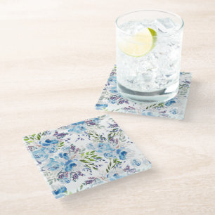 Dessous-de-verre En Verre Motif floral sans couture à l'aquarelle bleue