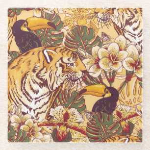 Dessous-de-verre En Verre Motif floral tropical avec le tigre
