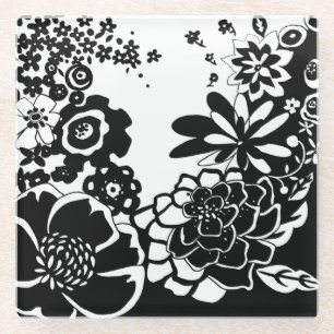 Dessous-de-verre En Verre Motif graphique de jardin floral noir et blanc