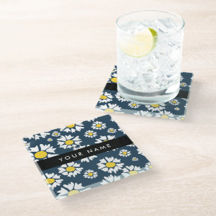 Dessous-de-verre En Verre Motif Marguerite, Marguerites Blanches, Votre Nom