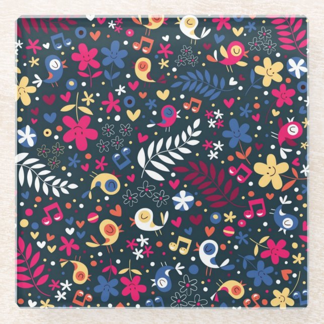 Dessous-de-verre En Verre motif mignon d'oiseaux et de fleurs (Devant)