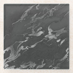 Dessous-de-verre En Verre Motif moderne en marbre noir et argent