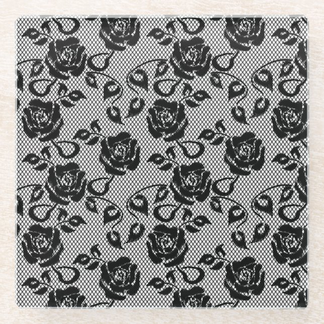 Dessous-de-verre En Verre Motif noir de dentelle sur l'arrière - plan blanc (Devant)
