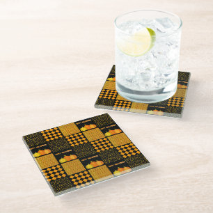 Dessous-de-verre En Verre Motif Patchwork Citrouille Halloween