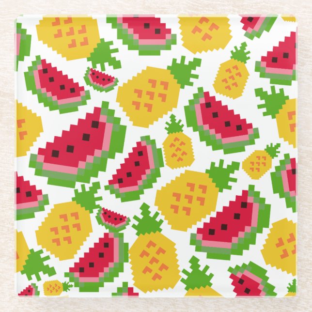 Dessous-de-verre En Verre Motif Pixel de Pastèque Tropicale et Ananas (Devant)