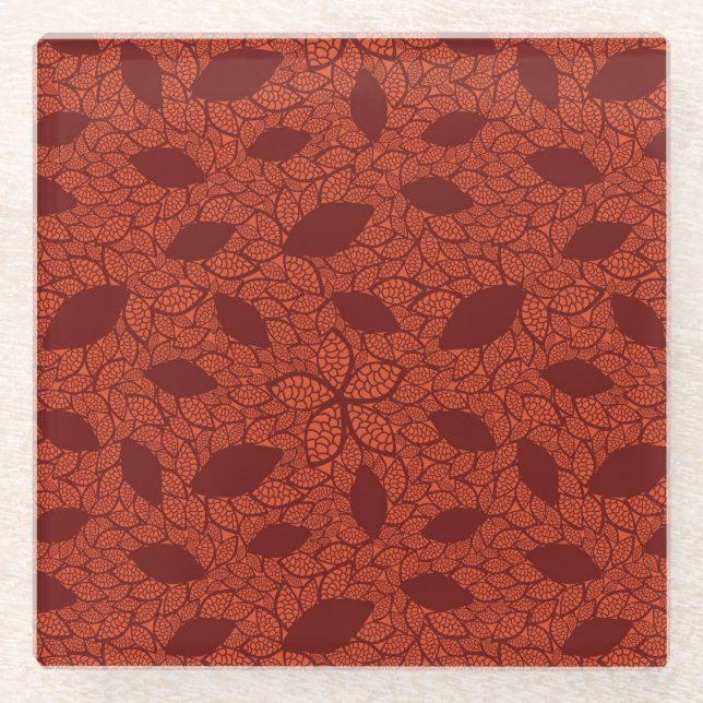 Dessous-de-verre En Verre Motif rouge de feuille sur l'orange (Devant)