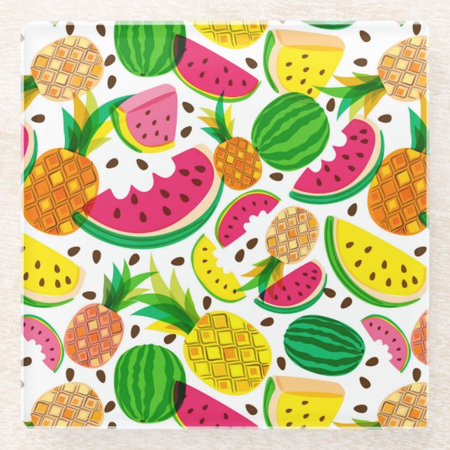 Dessous-de-verre En Verre Motif rouge et jaune de fruit tropical (Devant)