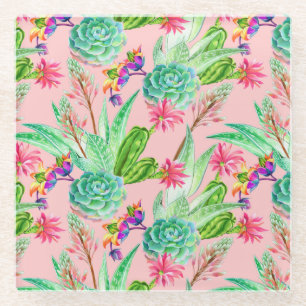 Dessous-de-verre En Verre Motif se développant de Succulents d'aquarelle