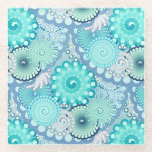 Dessous-de-verre En Verre Motif tourbillon fractal, bleu clair et Aqua