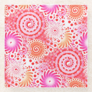 Dessous-de-verre En Verre Motif tourbillon fractal, corail, rose et crème