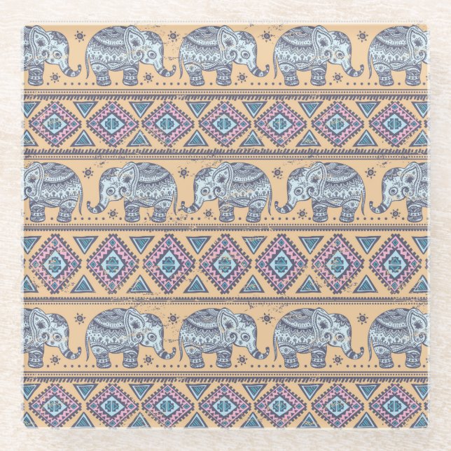 Dessous-de-verre En Verre Motif tribal Blue Ethnic Elephant (Devant)