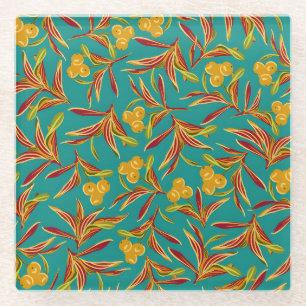 Dessous-de-verre En Verre Motif Tropical avec Feuilles Rouges et Jaunes