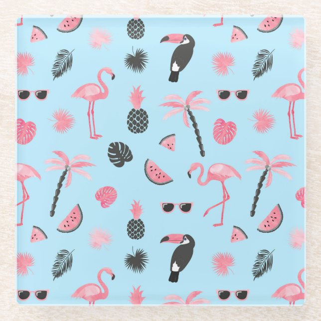 Dessous-de-verre En Verre Motif tropical d'été rose et bleu (Devant)