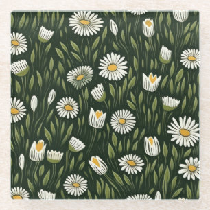 Dessous-de-verre En Verre Motif vibrant de marguerite avec des accents verts