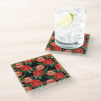 Dessous-de-verre En Verre Motif Vintage Rose Rouge et Noir