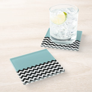 Dessous-de-verre En Verre Motif Zigzag noir et blanc, Chevron, Bleu