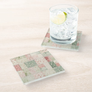 Dessous-de-verre En Verre Motifs de courtepointe floraux rose à la menthe de